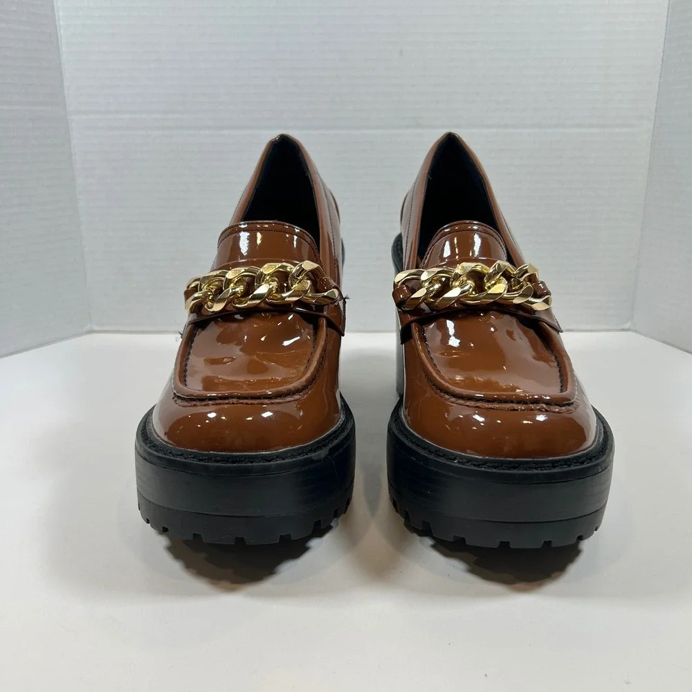 Madden Girl Heel Womens 10 Brown Patent Chain Cognac Platform Chunkie Loafers